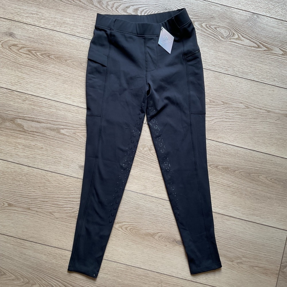 FitsT4 Girls Black Fleece Lined Full Seat Equestrian Riding Tights Large